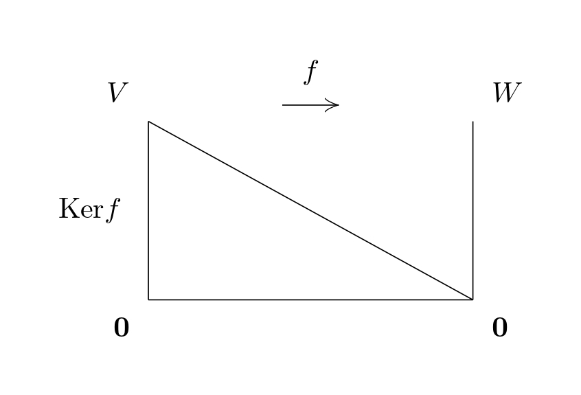 線型写像の基本定理を表すイメージ図。特に、線型写像が零写像である場合を表す。このとき線型写像の核の次元は定義域の次元に等しい。